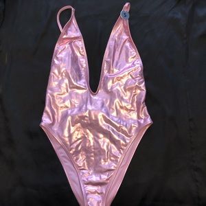 One piece low cut metallic pink swimsuit
